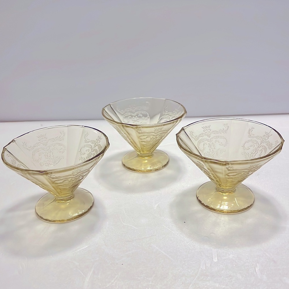 Vintage set of 3 Yellow Depression Glass Footed Bowls MCM